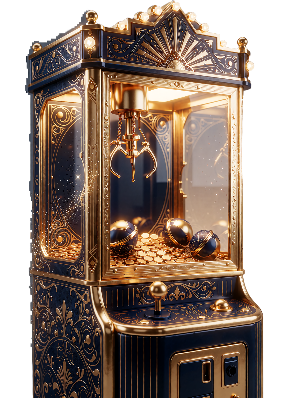 Złoty automat z chwytakiem w stylu art d&eacute;co z monetami i kapsułami - ilustracja mechaniki Bonus Crab